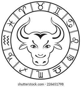 Line art  Taurus sign in the round zodiac frame. Vector Illustration  
