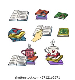 Line art tea cup standing on stack of books hand drawn icons set vector illustration. Cozy reading clipart bundle isolated on white background..