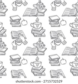 Taza de té del arte de línea que se coloca en la pila de libros y manos que sostienen tazas patrón inconsútil blanco y negro. Tiempo de lectura acogedor repite la Ilustración vectorial de fondo.