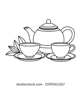A line art tea set illustration of a coloring page