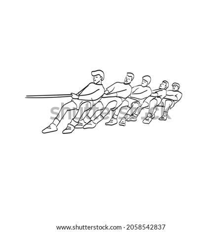 line art team competing in tug of war illustration vector isolated on white background