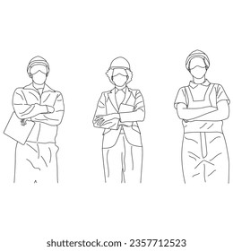 Línea de arte de trabajo en equipo con arquitectos aislados en un fondo blanco.