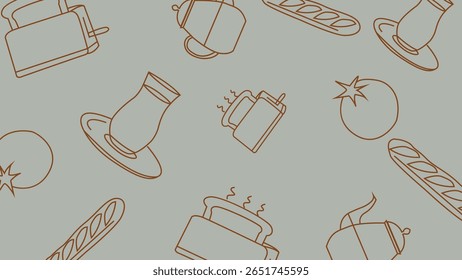 Linha arte bule, tomates e torradeiras no fundo cinza fresco. Ótimo para café da manhã acolhedor ou projetos com tema de café