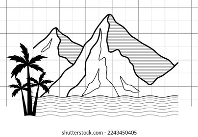line art technical illustration of a big mountain landscape scene with water waves and palm trees, in retro futuristic vector style