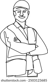 Line Art of a Technician with a Reflective Helmet and Jacket Looking Forward and Smiling