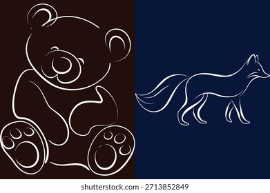 Arte de línea de Oso de peluche y zorro