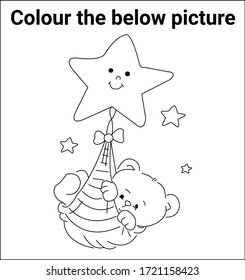 Line art teddy with flying star on the white background. vector illustration. For pre school education, kindergarten and kids and children. Coloring page and books, outline