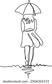 Line art of a teenage girl wearing an umbrella while crossing the street