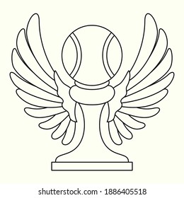 Line art tennis sport reward trophy illustration isolated on white background. Statue with wings and tennis ball. Award for championship first place. Outline image logo for coloring page or book.