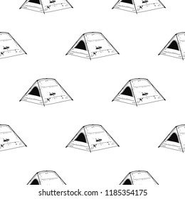 Line art Tent seamless pattern. Silhouette distressed style. Outdoor adventure wallpaper background. Stock vector illustration.