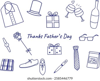 Line art. Thanks Father's Day gift set. Wine, flower, shoes, shirts, coffee, fountain pen, glasses, watch and tie.