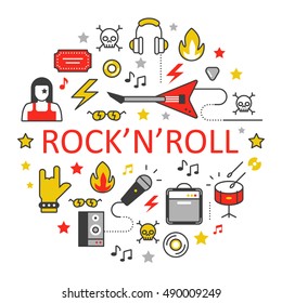 RockÃ¢??nÃ¢??roll Line Art Thin Vector Icons Set with Musical Instruments