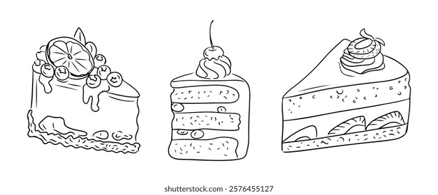 Line art of three cake slices with various decorations, including citrus, cherries, cream, and fruits, perfect for coloring, design, or baking related projects. Vector drawings on white background