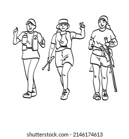 arte de línea tres corredores atletas femeninas con polos de trekking corriendo hacia arriba ilustración de ruta de montaña mano vectorial aislada en fondo blanco