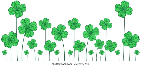 Line art three four leaf clovers for St Patrick's Day. isolated transparent background banner vector eps