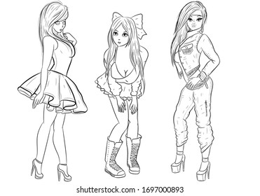 Line art of three girls standing up for coloring books. Fashion models sketch and cartoon.