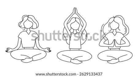 Line Art of Three Individuals Practicing Yoga and Meditation in Various Poses. Stylized outline drawing showing three individuals engaging in yoga and meditation poses for relaxation and mindfulness. 