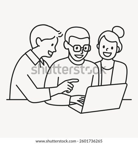 Line art of three people collaborating at a laptop. Teamwork, collaboration, and discussion are key themes. Simple illustration of a group working together. Doodle illustration vector.
