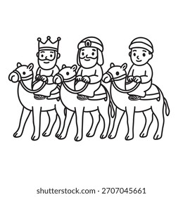 Linienart von drei Weisen, die auf Kamelen reiten, Vektor