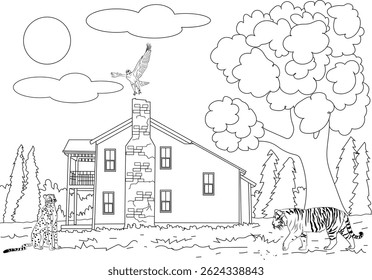 Line Art of Tiger and Cheetah Near a Jungle House, Black and white outline illustration featuring a tiger and a cheetah in a jungle or forest setting, with a house, trees, sun, clouds, and a bird.