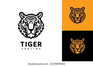 Diseño de logotipo de cabeza de tigre de arte de línea con líneas negras gruesas y ojos naranjas, mostrando su fuerza y ferocidad