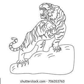 line art tiger tattoo.White tiger isolate on white background.Cartoon tiger for coloring book or painting on shirt.