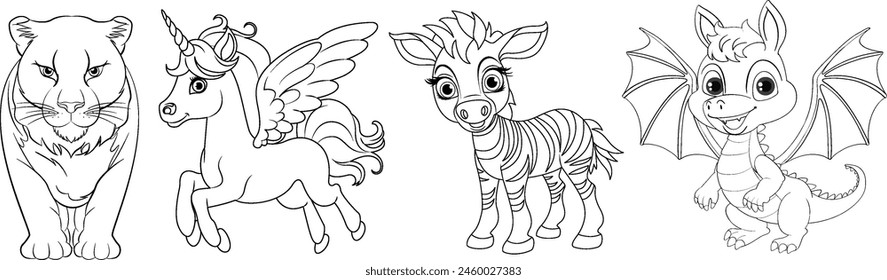 Line art of a tiger, unicorn, zebra, and dragon