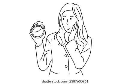 line art of time management businesswoman showing alarm clock