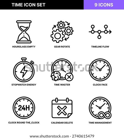 Line Art Time Management Icon Set Symbol Clock and Calendar