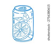 Line art of a tin can of orange soda. Mediterranean linear fruity citrus drink vector clip art sticker for design.