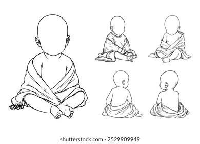 Linha arte minúsculo bonito bebê usar cobertor Pose arte preto e branco ilustração mão desenhada Clipart