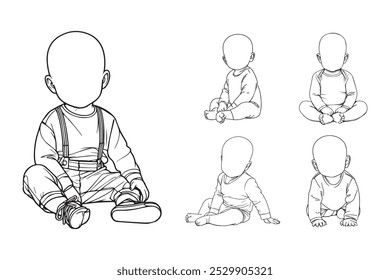 Arte de línea Pequeño bebé feliz emocionado Pose Art Ilustración en blanco y negro Dibujado a mano Clipart