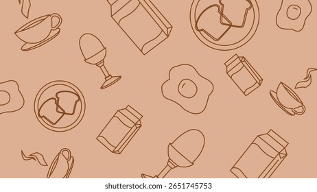 Line art toast, milk, egg and coffee cup illustrations on soft brown. Ideal for breakfast or cafe themed visuals with a minimalist aesthetic.