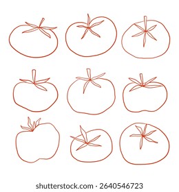 Line Art Tomato Vegetable Element. A minimal collection of tomato illustrations in hand drawn red line art featuring various stem styles and organic shapes. Perfect for food icons farm and packaging