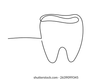 Line Art Tooth Icon. One Continuous Outline Sketch Stroke Illustration. Modern Thin Vector Curved Wavy Line Art. Health and Tooth Care Dental Service Banner Symbol. 