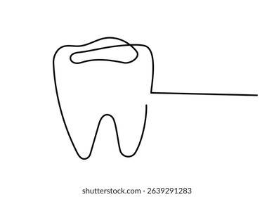 Line Art Tooth Icon. One Continuous Outline Sketch Stroke Illustration. Modern Thin Vector Curved Wavy Line Art. Health and Tooth Care Dental Service Banner Symbol. 