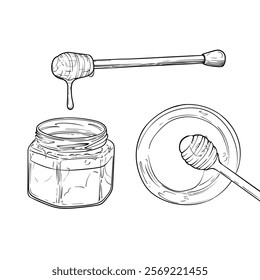 Line art top and side view of honey jars. Vector honey dripping from a dipper. Hand drawn illustration of sweet dessert. Outline only, isolated on white background.