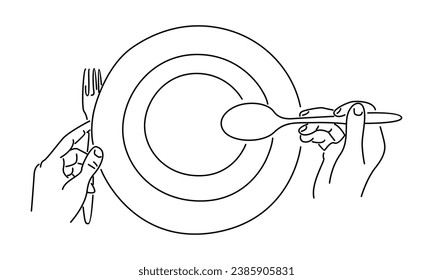 line art of top view the plate with hands holding a spoon