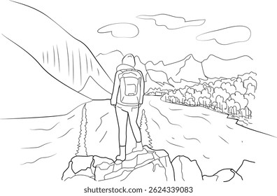 Line art of Tourist on Hills, A line art illustration of a tourist with a backpack standing on rocks, looking at hills, mountains, trees, sky and clouds in the background.