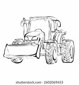 Line art of a tractor with a front loader. Modern agricultural vehicle illustration, isolated on white. Perfect for farming and machinery designs