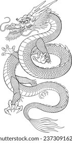 A line art of a traditional Asian (Chinese or Japanese) Dragon