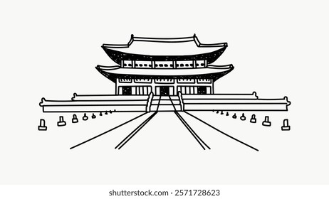 Line art of a traditional Asian temple with intricate roof design. Temple illustration features steps and pillars, showcasing cultural architecture. Simple black line art doodle vector.