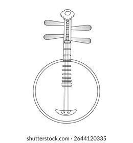 Linhagem de instrumento tradicional chinês Yueqin. Desenho em preto e branco cultural para educação musical e design com tema de patrimônio.
