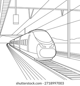 Line Art eines Bahnhofs mit einem Zug Vorbei