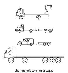 Line art transport icons set, vector illustration - truck, minivan, waggon, crane, trailer