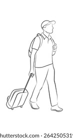 Line art of a traveler walking with luggage, wearing a cap and backpack, ideal for travel concepts and editorial or educational uses.