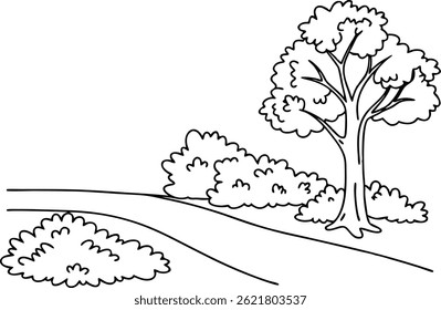 Line Art Of Tree Bushes And Curved Path In A Simple Landscape