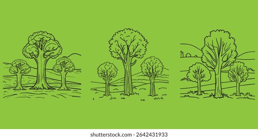 Line Art Tree Collection in Light Green – Baobab, Palm, Spruce, and Tropical Trees in Minimal Cartoon Style for Jungle, Forest, Nature Icons, Game Assets, and Decorative Plant Illustrations
