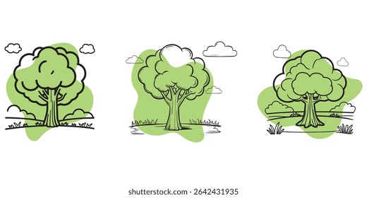Line Art Tree Collection in Light Green – Baobab, Palm, Spruce, and Tropical Trees in Minimal Cartoon Style for Jungle, Forest, Nature Icons, Game Assets, and Decorative Plant Illustrations