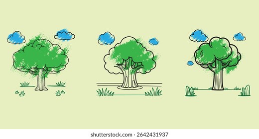 Line Art Tree Collection in Light Green – Baobab, Palm, Spruce, and Tropical Trees in Minimal Cartoon Style for Jungle, Forest, Nature Icons, Game Assets, and Decorative Plant Illustrations